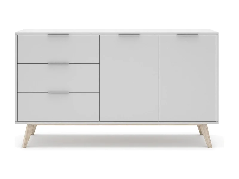 Buffet, meuble de rangement avec 2 portes et 3 tiroirs aspect bois et bois de pin coloris blanc, pieds en pin - Longueur 140 x Profondeur 40 x Hauteur 81 cm