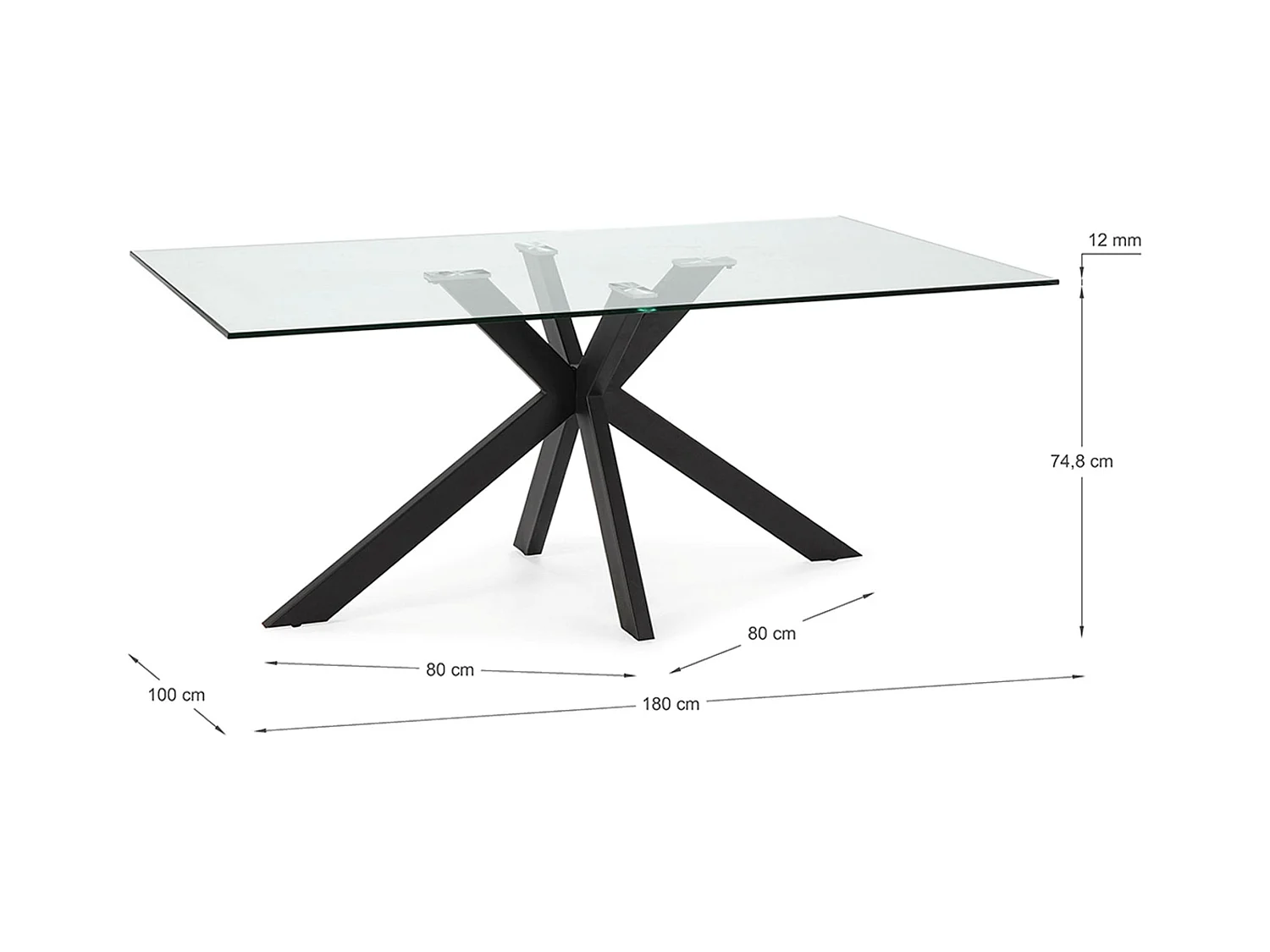Table à manger, table de repas rectangulaire en verre et pieds en métal coloris noir  - Longueur 180 x Profondeur 100 x Hauteur 76 cm