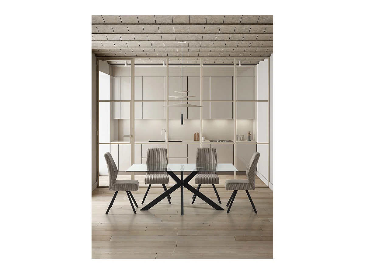 Table à manger, table de repas rectangulaire en verre et pieds en métal coloris noir  - Longueur 180 x Profondeur 100 x Hauteur 76 cm