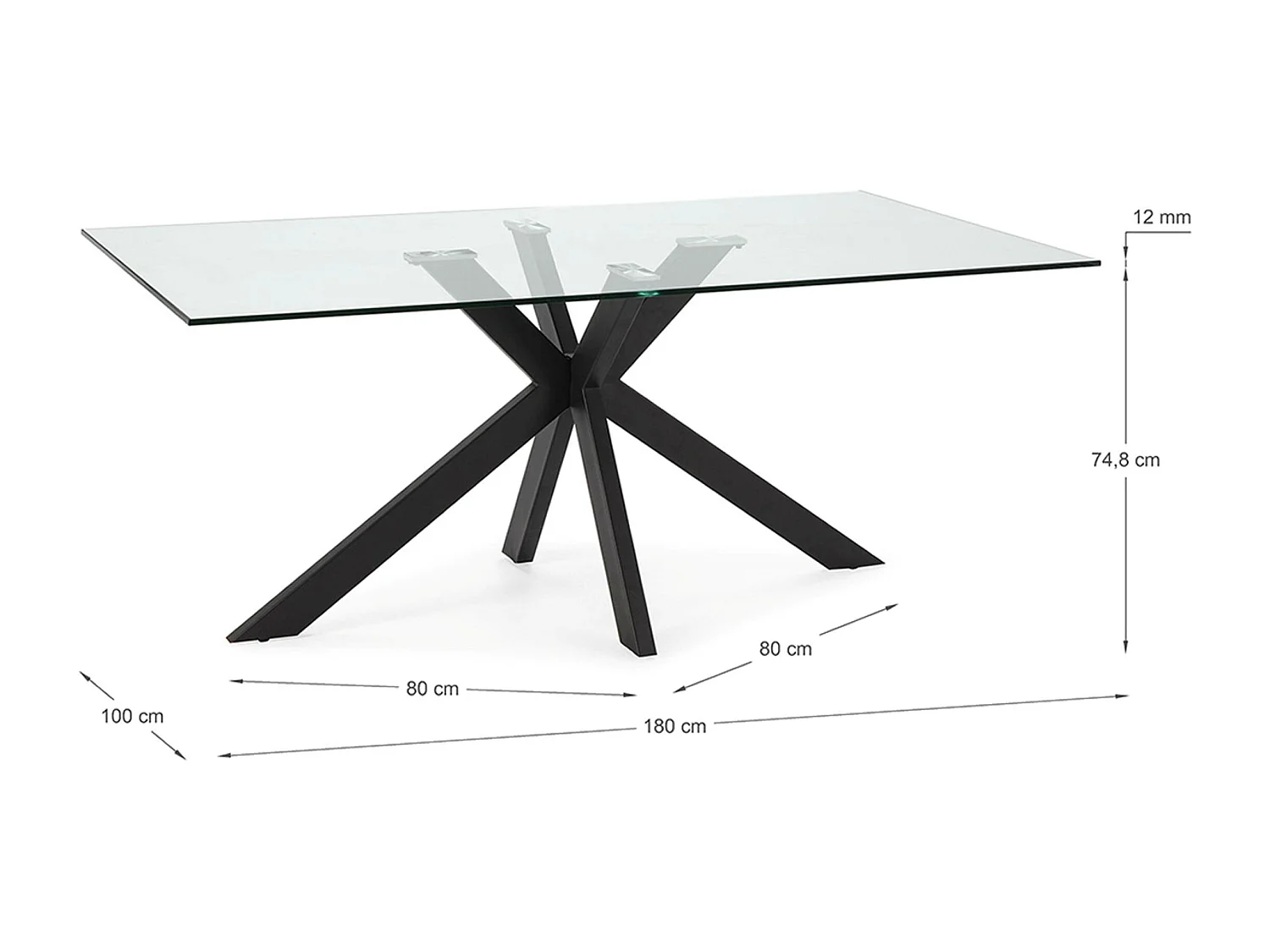 Table à manger, table de repas rectangulaire en verre et pieds en métal coloris noir  - Longueur 180 x Profondeur 100 x Hauteur 76 cm