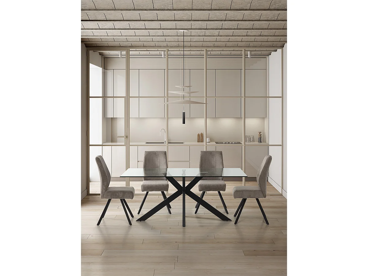 Table à manger, table de repas rectangulaire en verre et pieds en métal coloris noir  - Longueur 180 x Profondeur 100 x Hauteur 76 cm