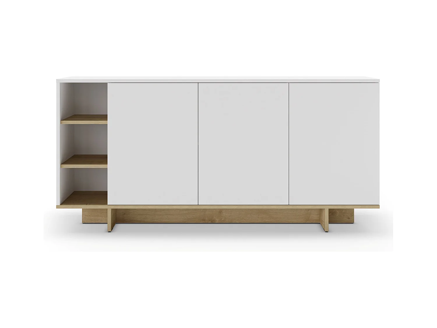 Buffet, commode rectangulaire avec 3 portes et 3 niches aspect bois coloris chêne, blanc - Longueur 170 x Profondeur 40 x Hauteur 80 cm