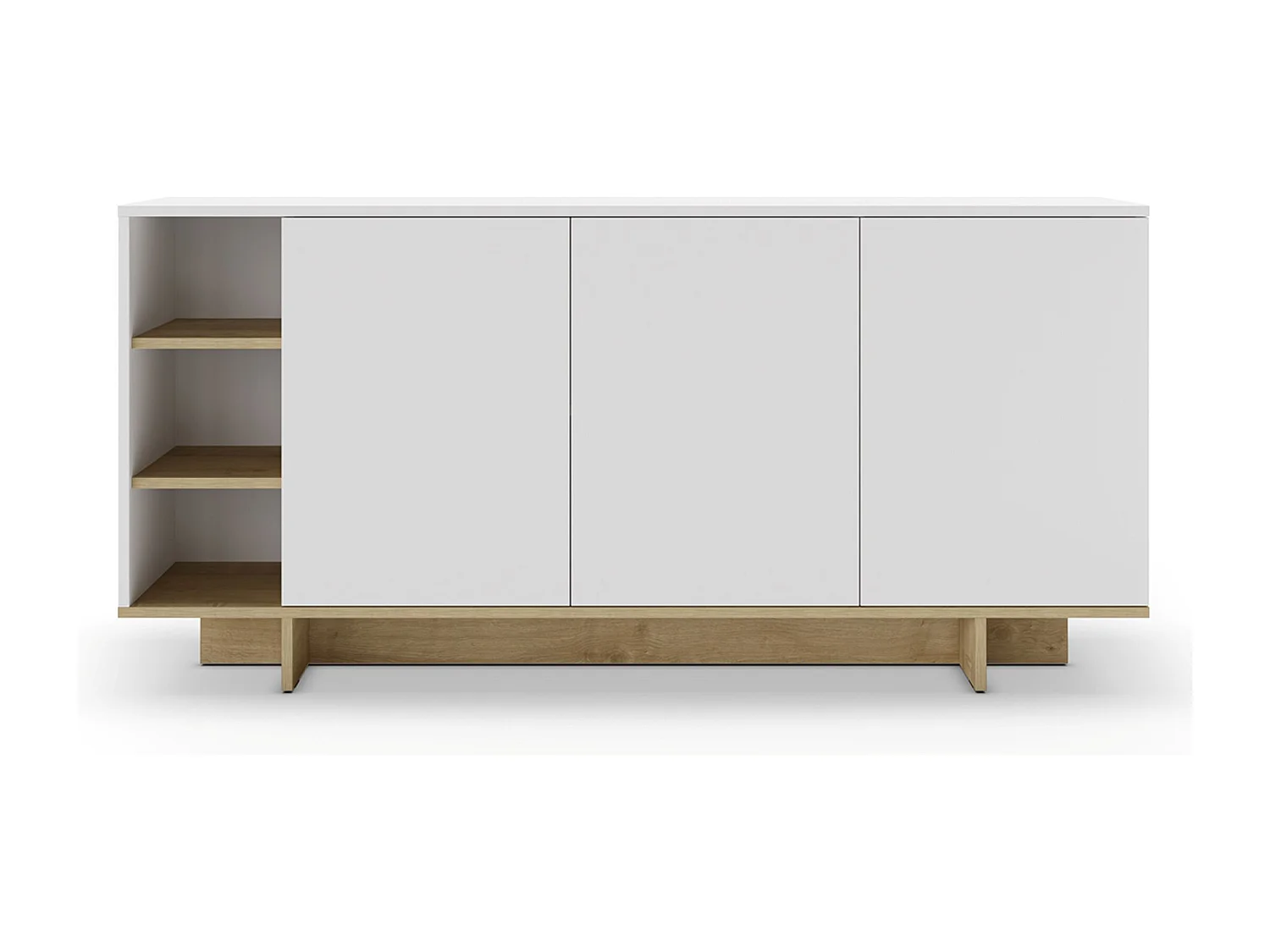 Buffet, commode rectangulaire avec 3 portes et 3 niches aspect bois coloris chêne, blanc - Longueur 170 x Profondeur 40 x Hauteur 80 cm