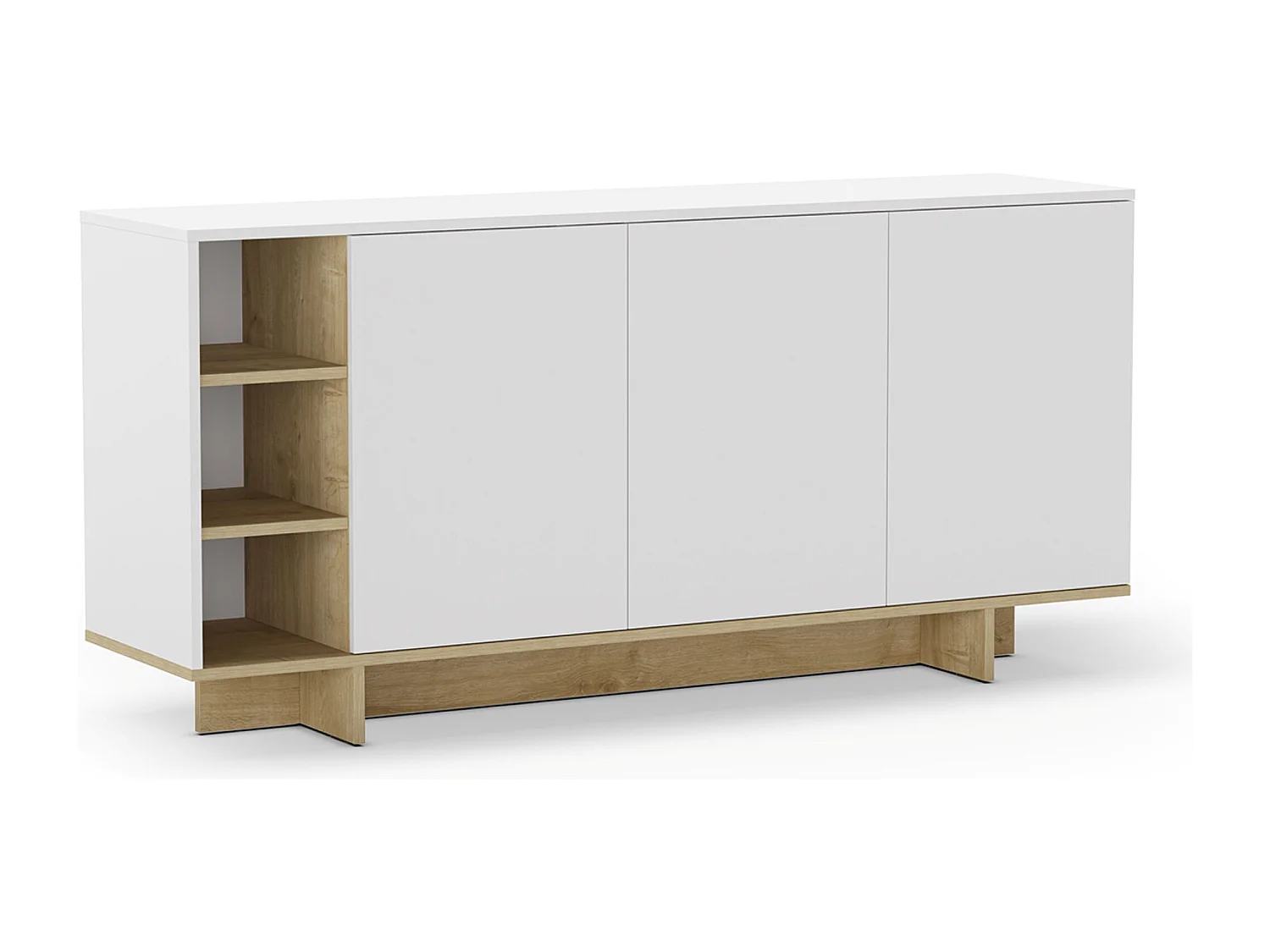 Buffet, commode rectangulaire avec 3 portes et 3 niches aspect bois coloris chêne, blanc - Longueur 170 x Profondeur 40 x Hauteur 80 cm