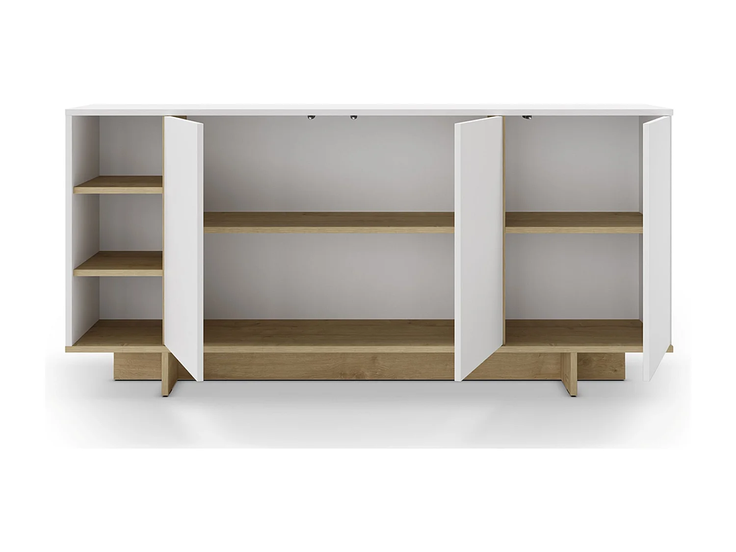 Buffet, commode rectangulaire avec 3 portes et 3 niches aspect bois coloris chêne, blanc - Longueur 170 x Profondeur 40 x Hauteur 80 cm
