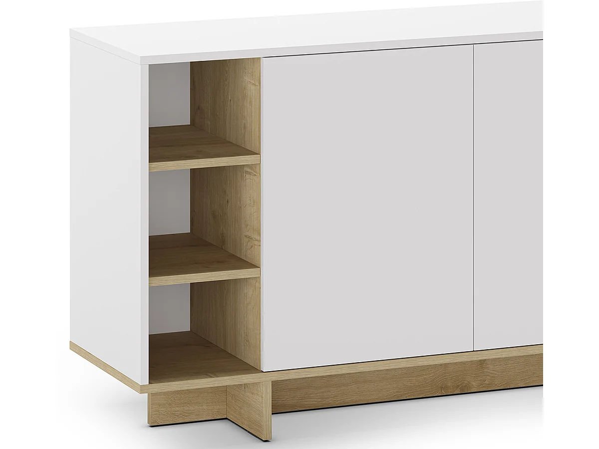 Buffet, commode rectangulaire avec 3 portes et 3 niches aspect bois coloris chêne, blanc - Longueur 170 x Profondeur 40 x Hauteur 80 cm
