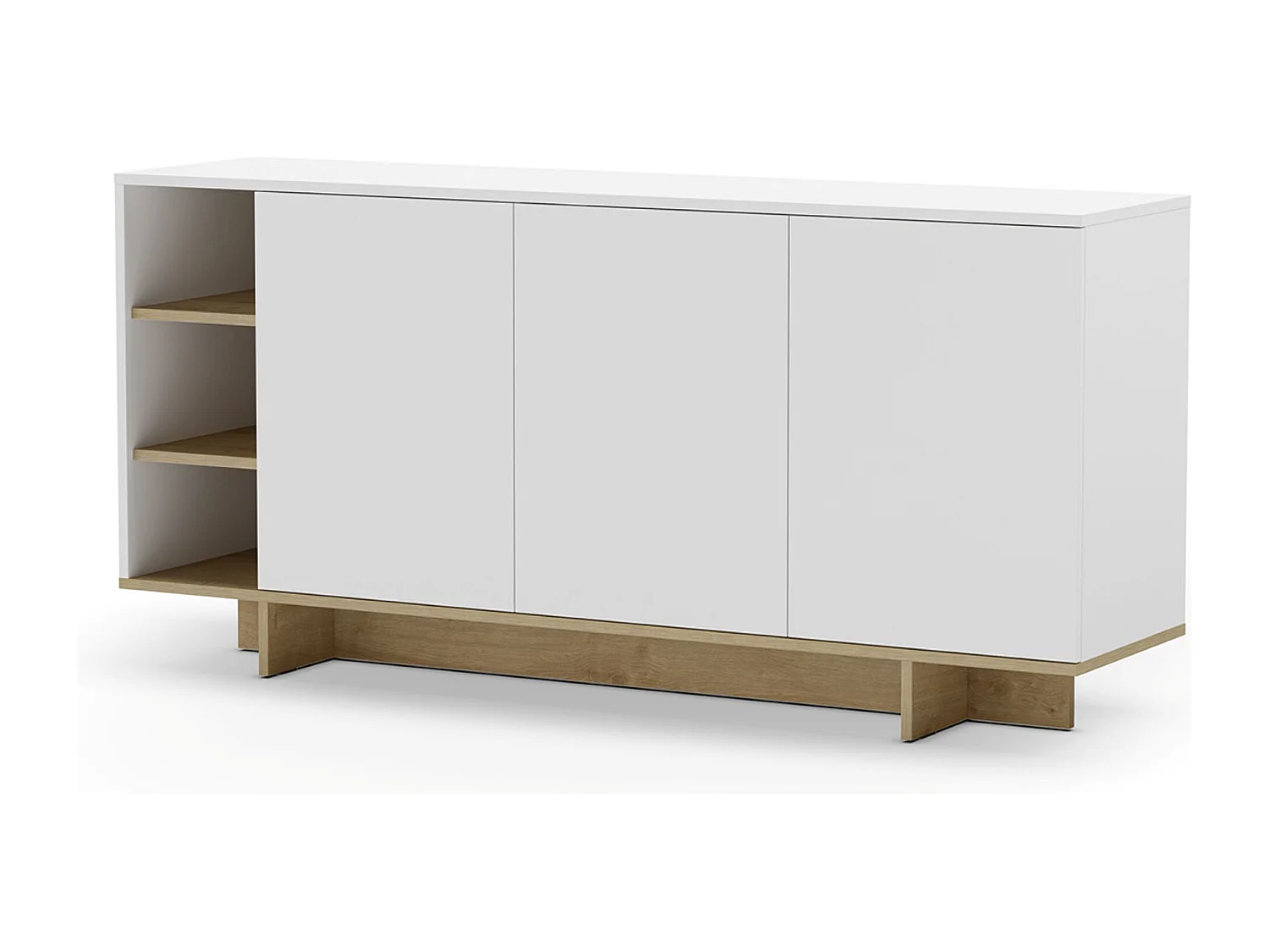 Buffet, commode rectangulaire avec 3 portes et 3 niches aspect bois coloris chêne, blanc - Longueur 170 x Profondeur 40 x Hauteur 80 cm