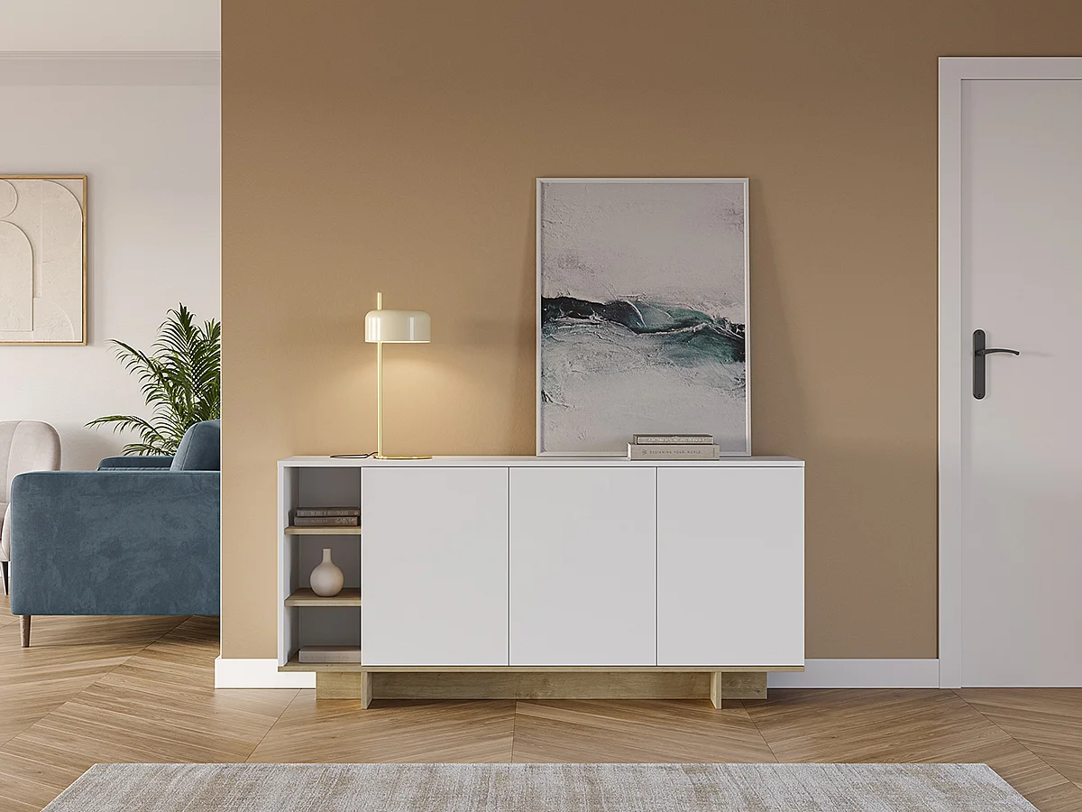 Buffet, commode rectangulaire avec 3 portes et 3 niches aspect bois coloris chêne, blanc - Longueur 170 x Profondeur 40 x Hauteur 80 cm