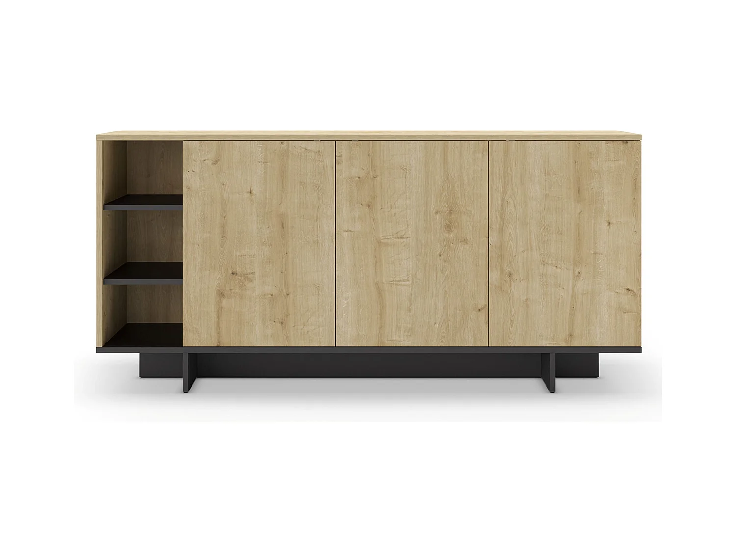 Buffet, commode rectangulaire aspect bois coloris chêne, noir - Longueur 170 x Profondeur 40 x Hauteur 80 cm