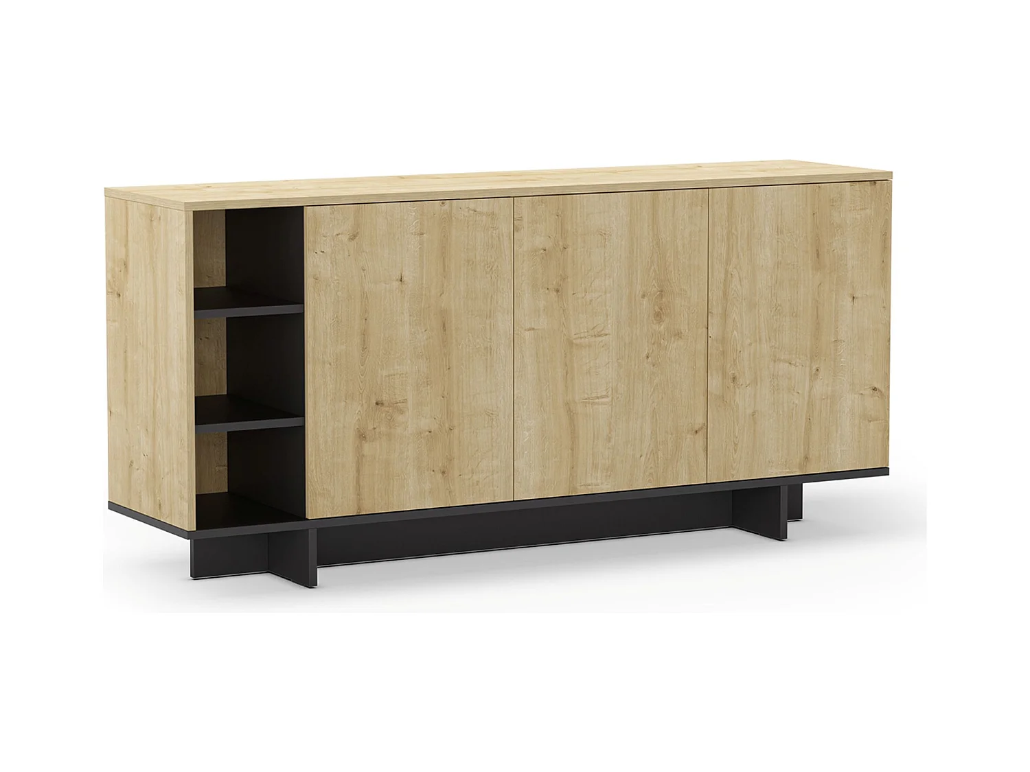 Buffet, commode rectangulaire aspect bois coloris chêne, noir - Longueur 170 x Profondeur 40 x Hauteur 80 cm