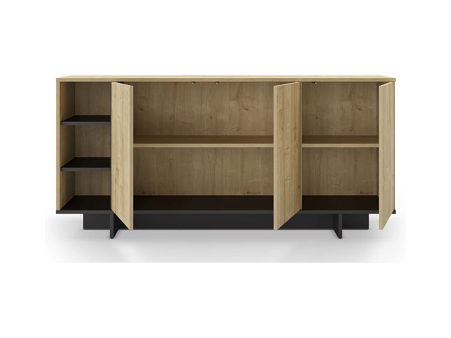 Buffet, commode rectangulaire aspect bois coloris chêne, noir - Longueur 170 x Profondeur 40 x Hauteur 80 cm