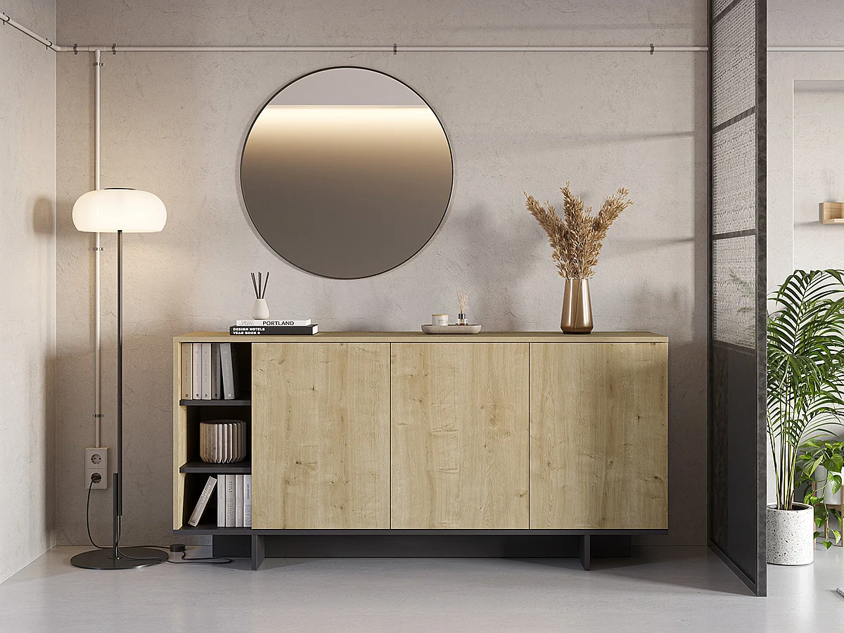 Buffet, commode rectangulaire aspect bois coloris chêne, noir - Longueur 170 x Profondeur 40 x Hauteur 80 cm