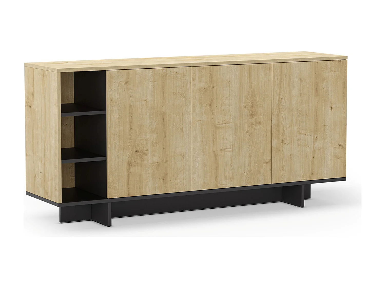 Buffet, commode rectangulaire aspect bois coloris chêne, noir - Longueur 170 x Profondeur 40 x Hauteur 80 cm