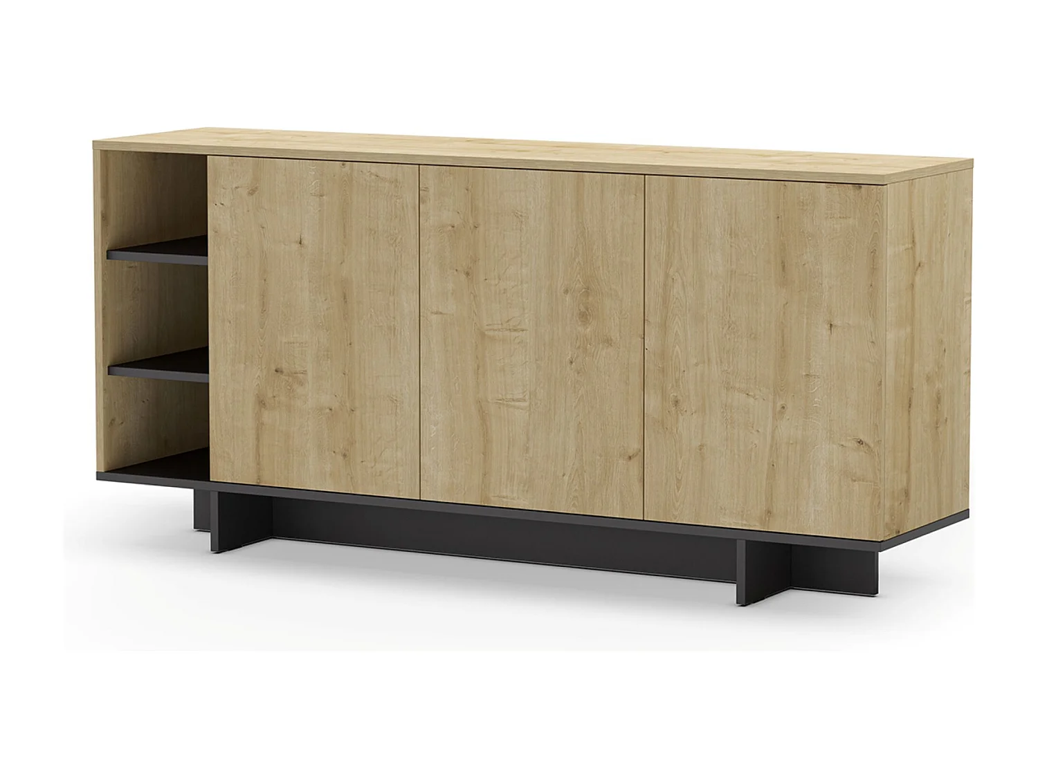 Buffet, commode rectangulaire aspect bois coloris chêne, noir - Longueur 170 x Profondeur 40 x Hauteur 80 cm