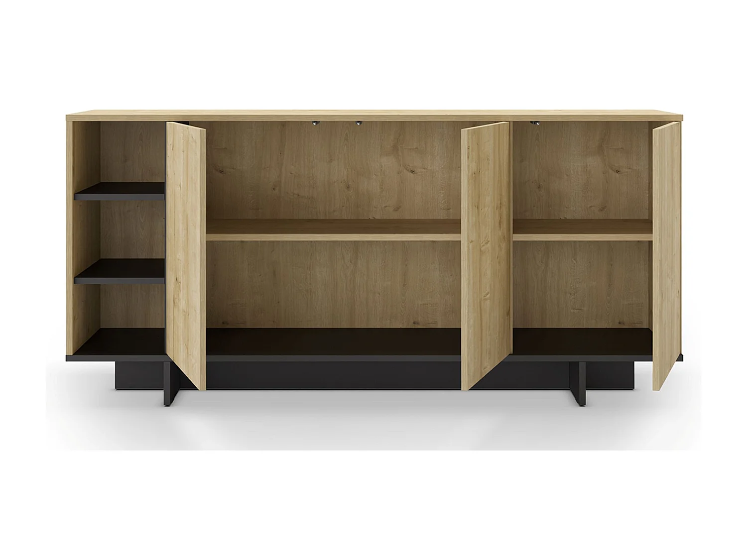 Buffet, commode rectangulaire aspect bois coloris chêne, noir - Longueur 170 x Profondeur 40 x Hauteur 80 cm