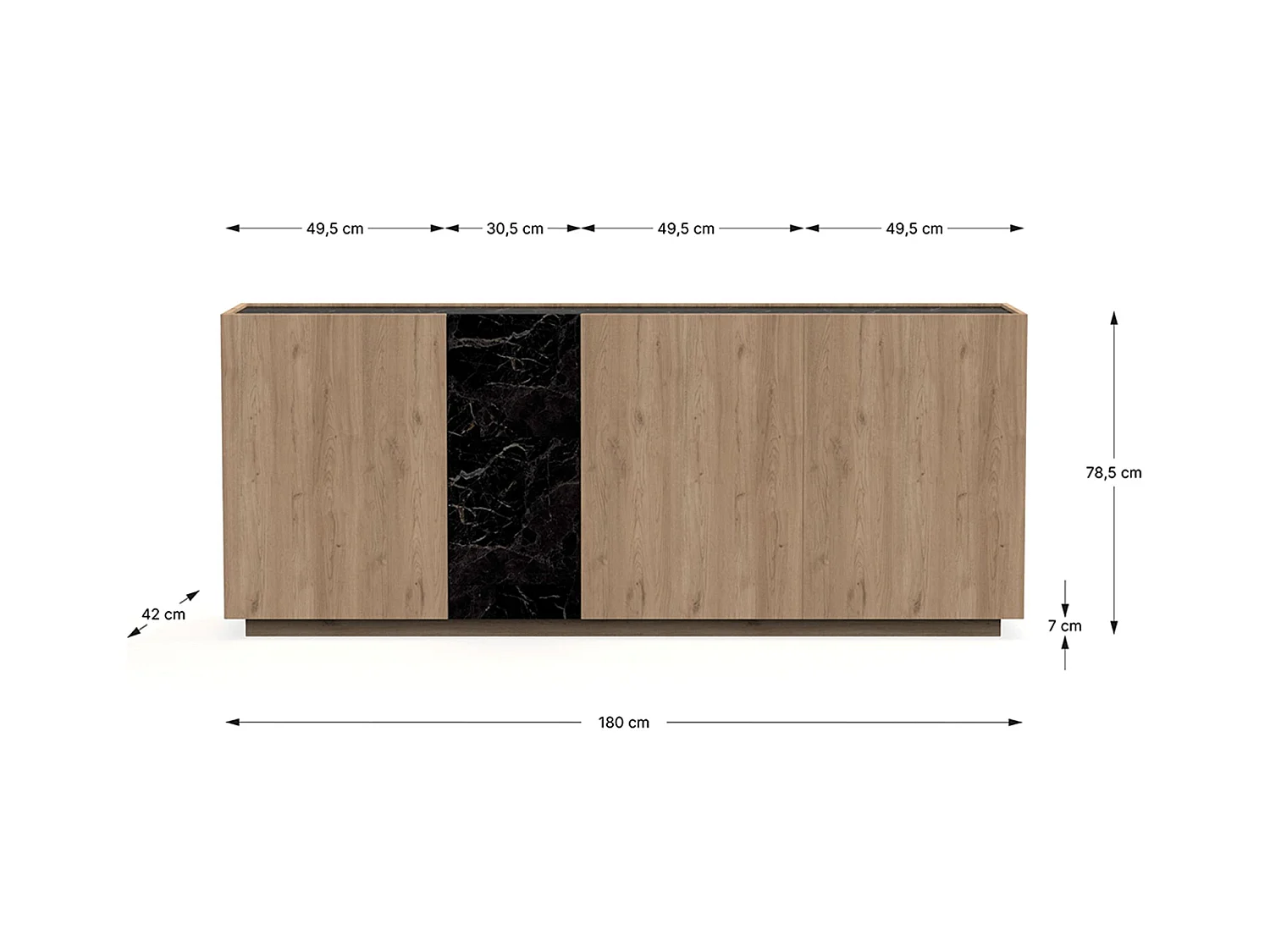 Buffet, commode de rangement aspect bois coloris naturel et effet marbre noir - Longueur 180 x Profondeur 41,8 x Hauteur 78,50 cm