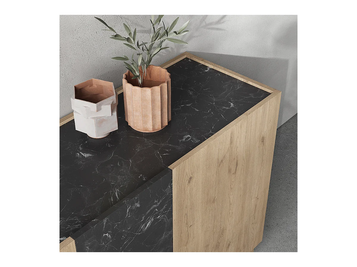 Buffet, commode de rangement aspect bois coloris naturel et effet marbre noir - Longueur 180 x Profondeur 41,8 x Hauteur 78,50 cm