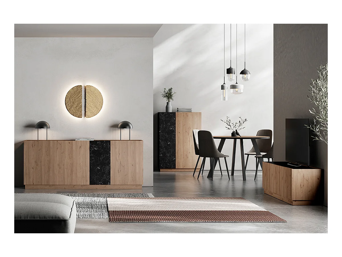 Buffet, commode de rangement aspect bois coloris naturel et effet marbre noir - Longueur 180 x Profondeur 41,8 x Hauteur 78,50 cm