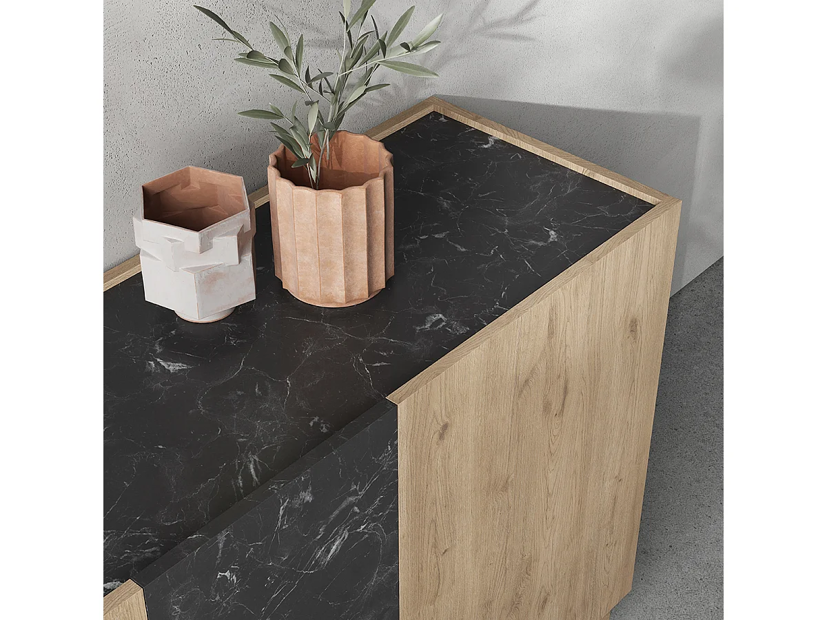 Buffet, commode de rangement aspect bois coloris naturel et effet marbre noir - Longueur 180 x Profondeur 41,8 x Hauteur 78,50 cm