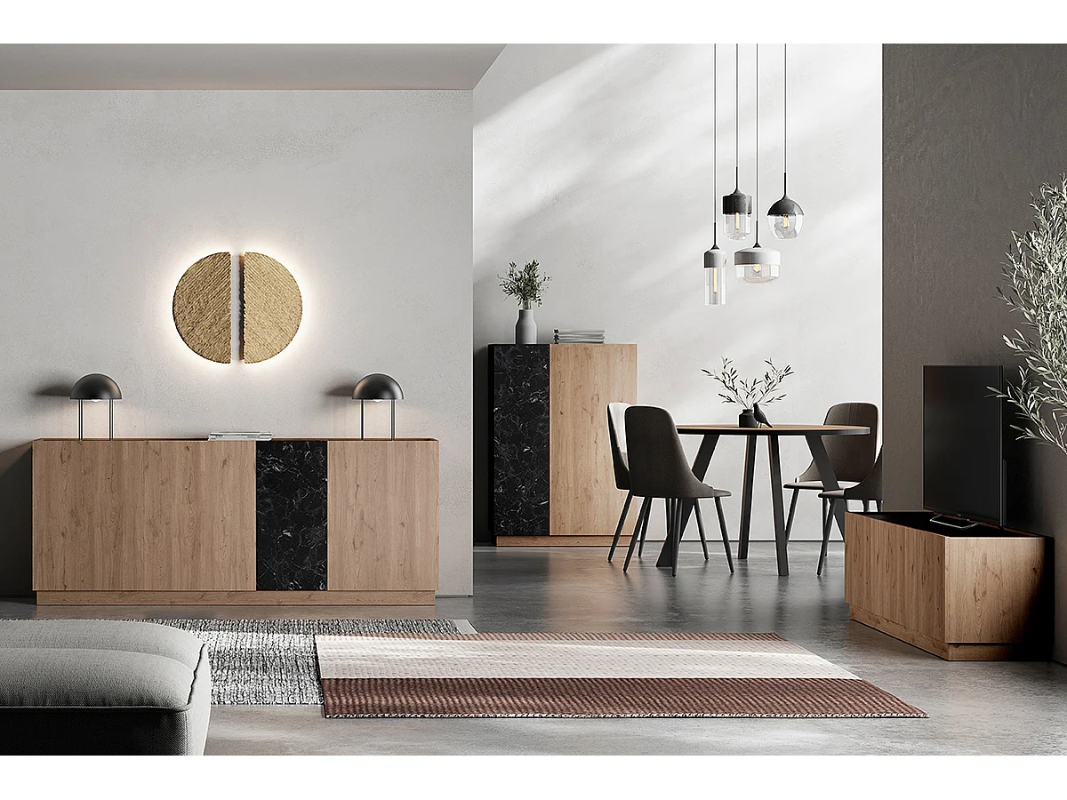 Buffet, commode de rangement aspect bois coloris naturel et effet marbre noir - Longueur 180 x Profondeur 41,8 x Hauteur 78,50 cm