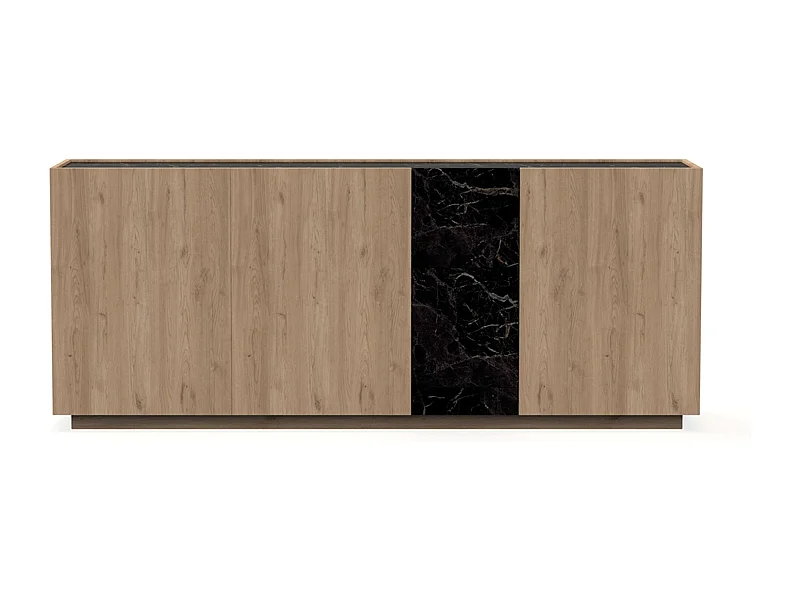 Buffet, commode de rangement aspect bois coloris naturel et effet marbre noir - Longueur 180 x Profondeur 41,8 x Hauteur 78,50 cm
