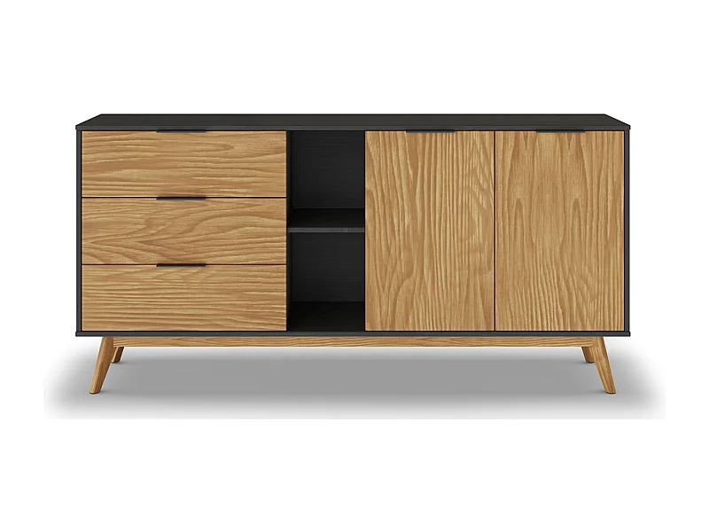 Buffet avec 2 portes et 3 tiroirs en pin coloris naturel, noir - Longueur 165 x Profondeur 40 x Hauteur 81 cm
