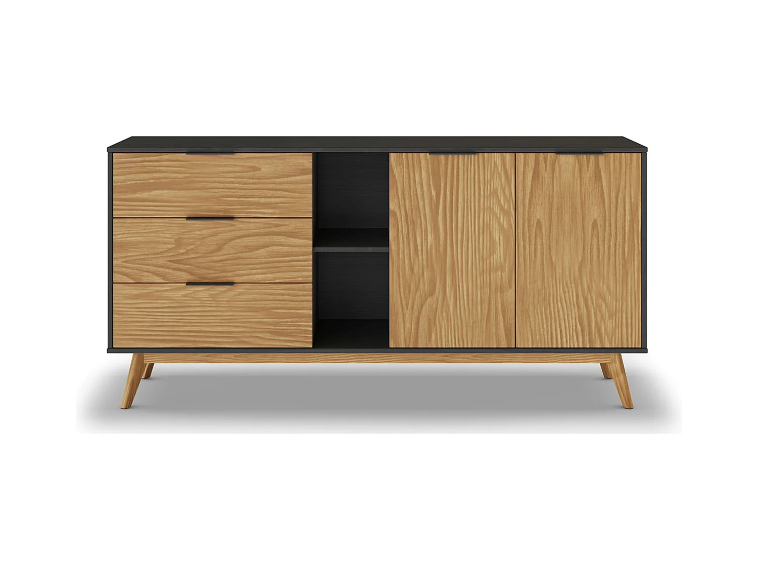 Buffet avec 2 portes et 3 tiroirs en pin coloris naturel, noir - Longueur 165 x Profondeur 40 x Hauteur 81 cm