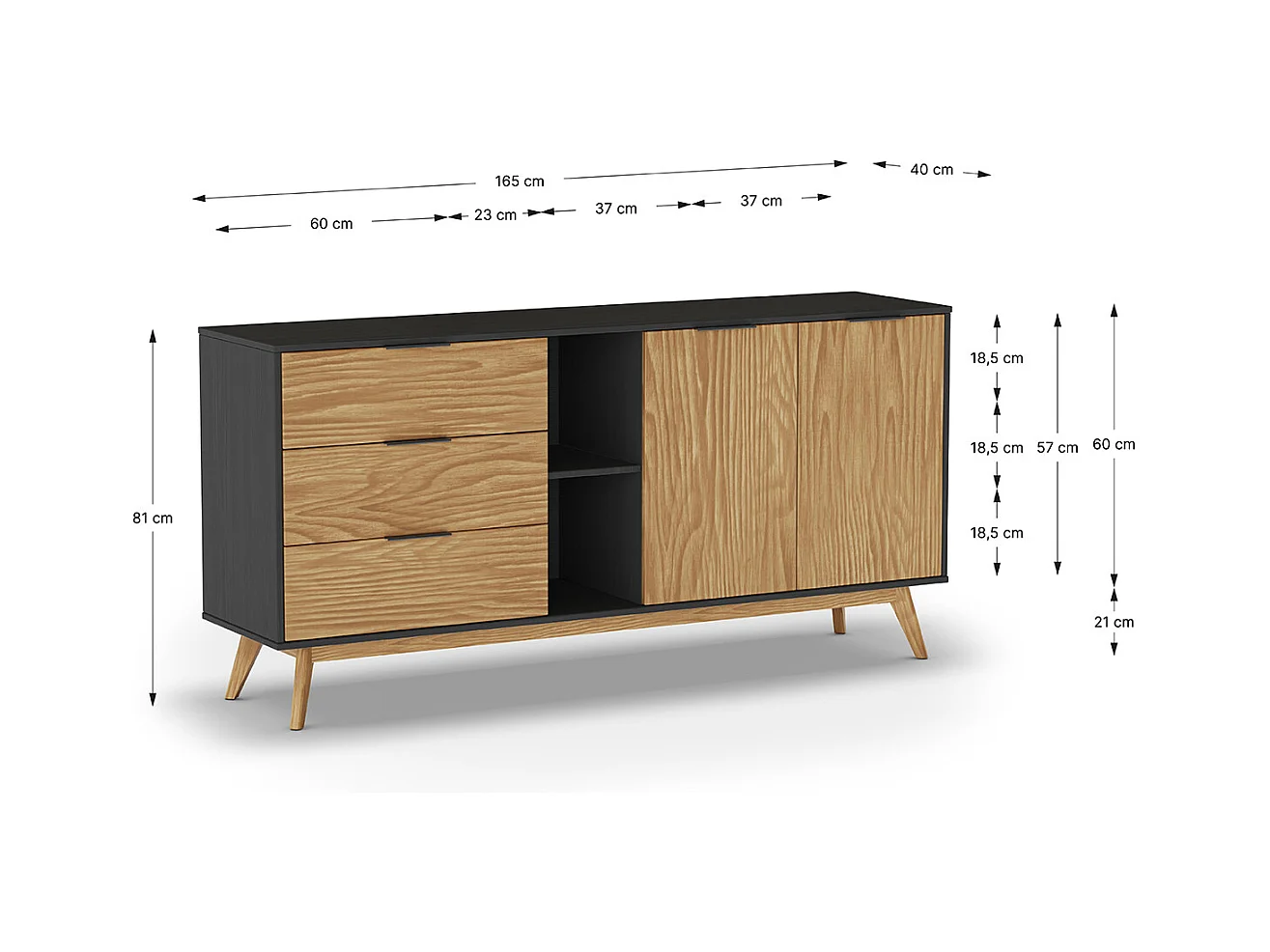 Buffet avec 2 portes et 3 tiroirs en pin coloris naturel, noir - Longueur 165 x Profondeur 40 x Hauteur 81 cm