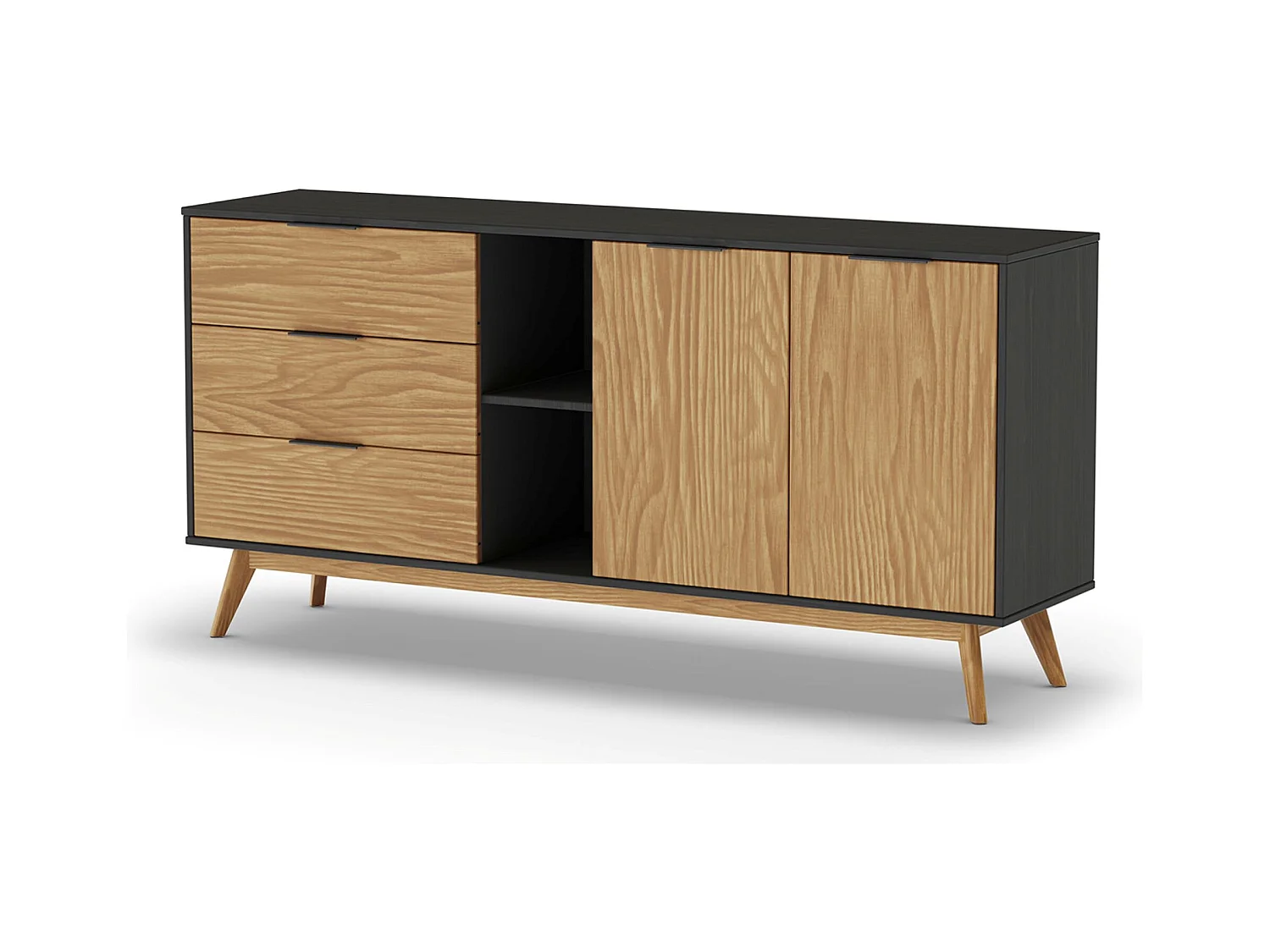 Buffet avec 2 portes et 3 tiroirs en pin coloris naturel, noir - Longueur 165 x Profondeur 40 x Hauteur 81 cm