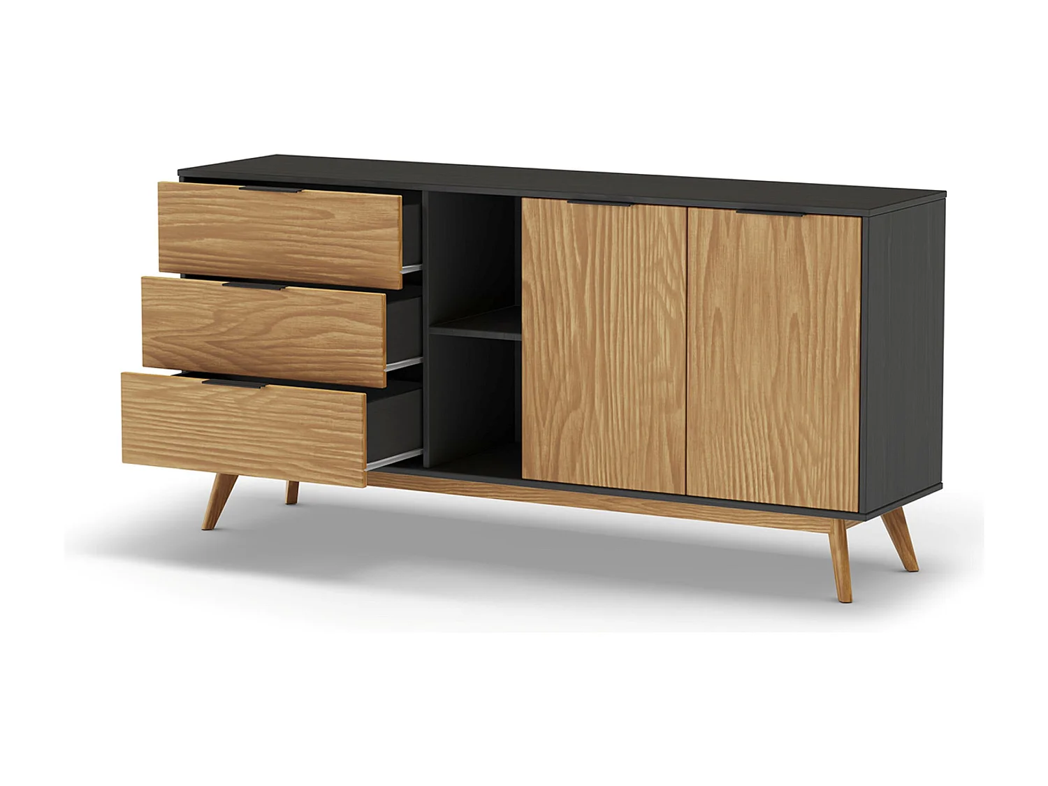 Buffet avec 2 portes et 3 tiroirs en pin coloris naturel, noir - Longueur 165 x Profondeur 40 x Hauteur 81 cm