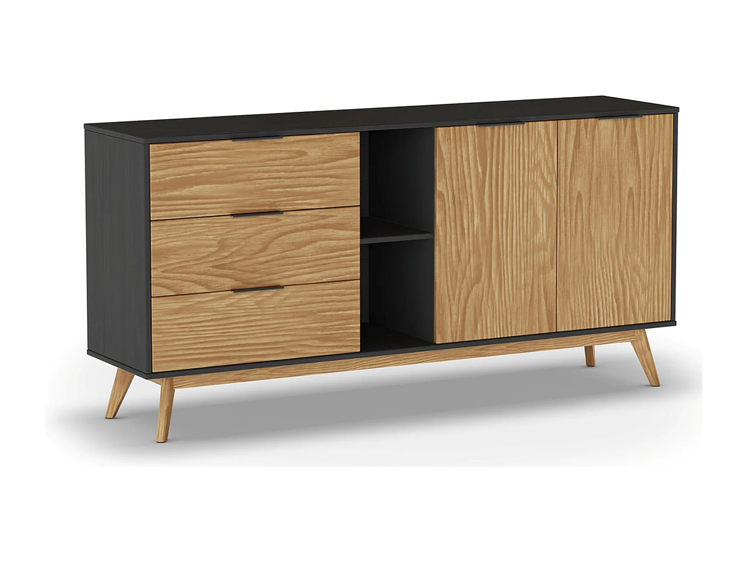 Buffet avec 2 portes et 3 tiroirs en pin coloris naturel, noir - Longueur 165 x Profondeur 40 x Hauteur 81 cm