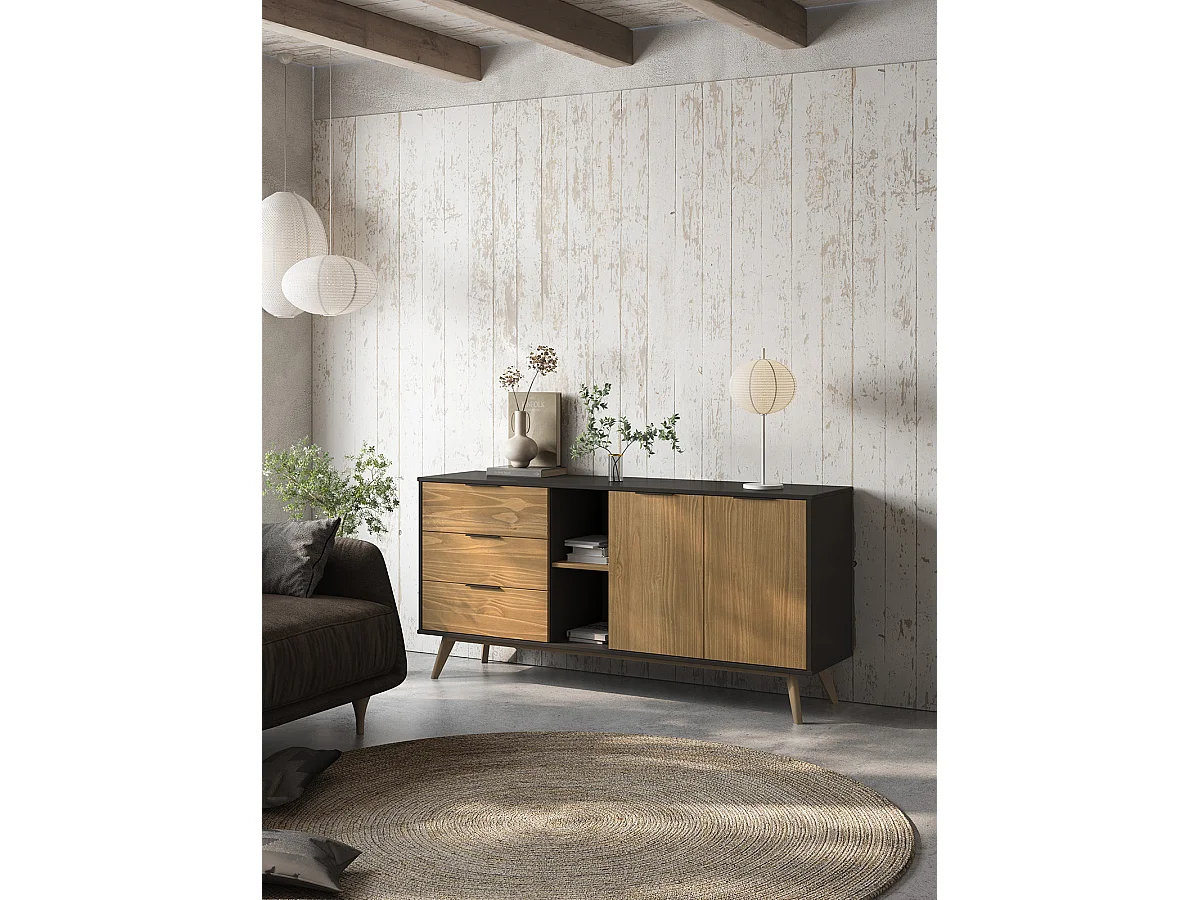 Buffet avec 2 portes et 3 tiroirs en pin coloris naturel, noir - Longueur 165 x Profondeur 40 x Hauteur 81 cm