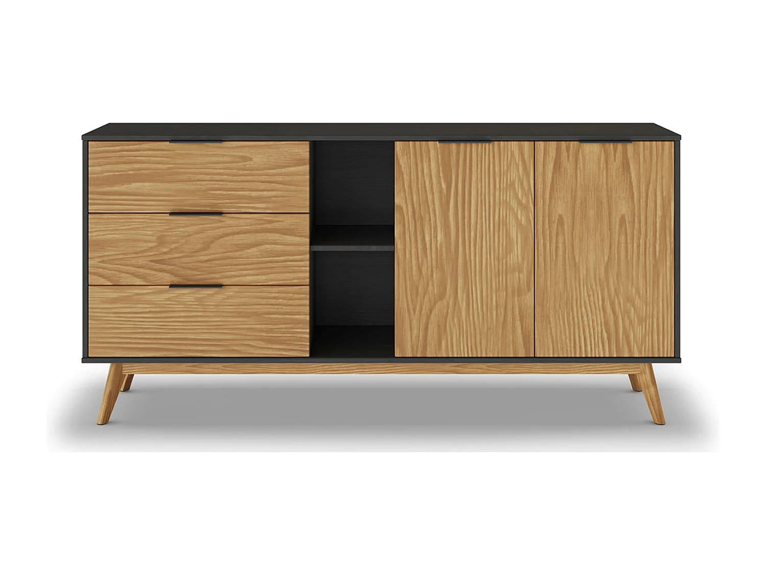 Buffet avec 2 portes et 3 tiroirs en pin coloris naturel, noir - Longueur 165 x Profondeur 40 x Hauteur 81 cm