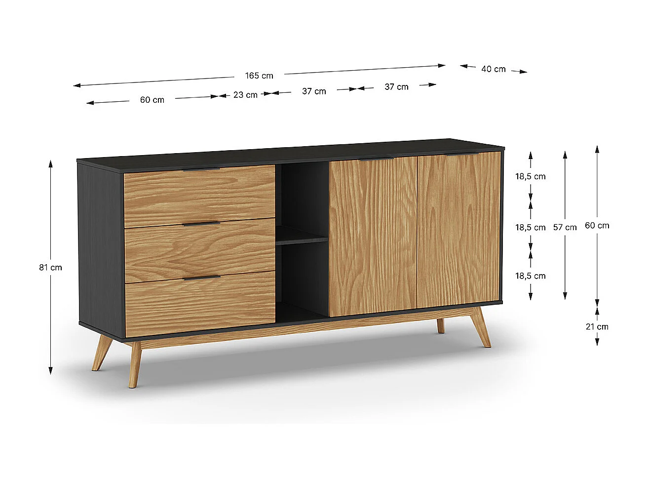 Buffet avec 2 portes et 3 tiroirs en pin coloris naturel, noir - Longueur 165 x Profondeur 40 x Hauteur 81 cm