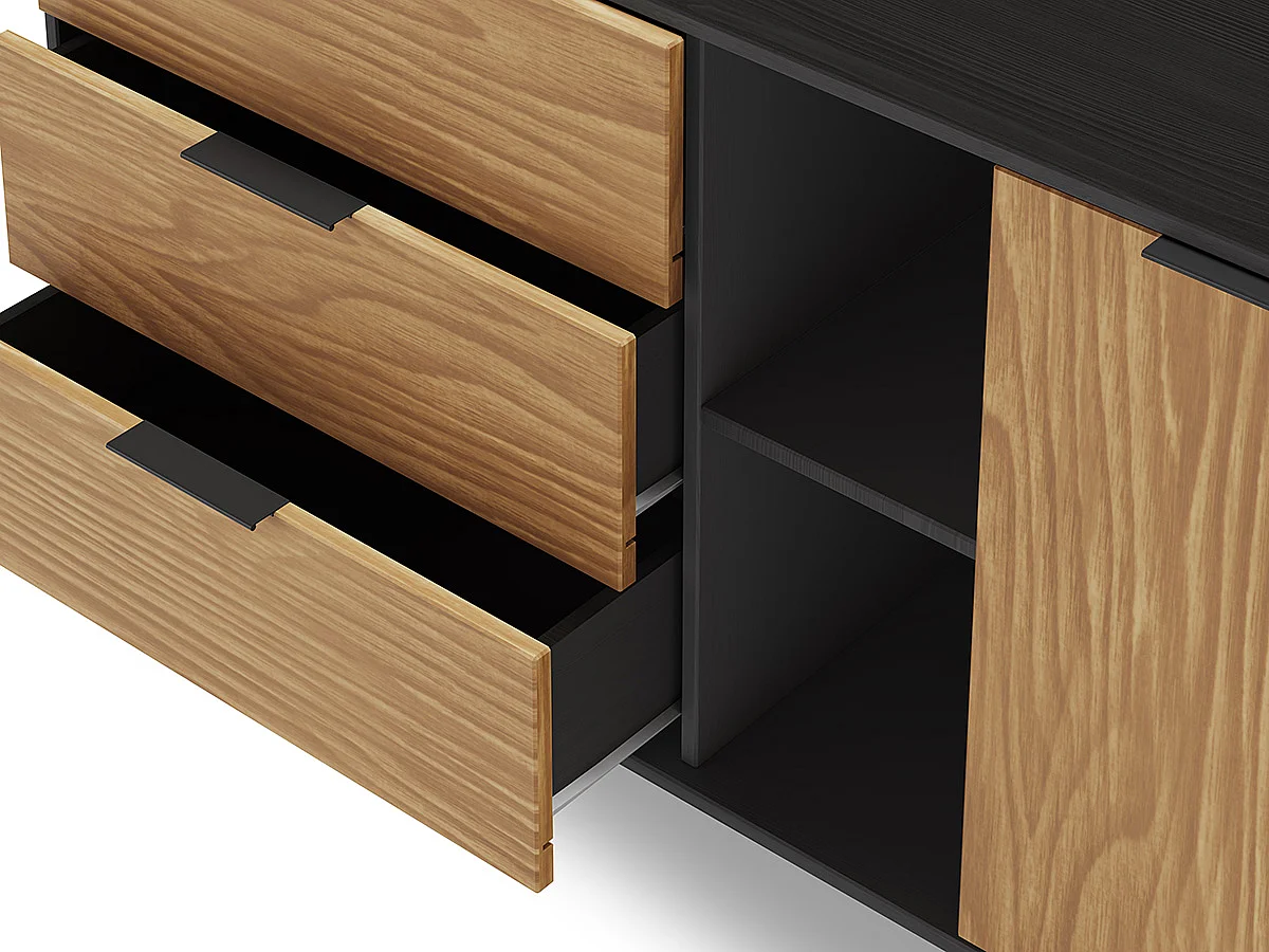 Buffet avec 2 portes et 3 tiroirs en pin coloris naturel, noir - Longueur 165 x Profondeur 40 x Hauteur 81 cm