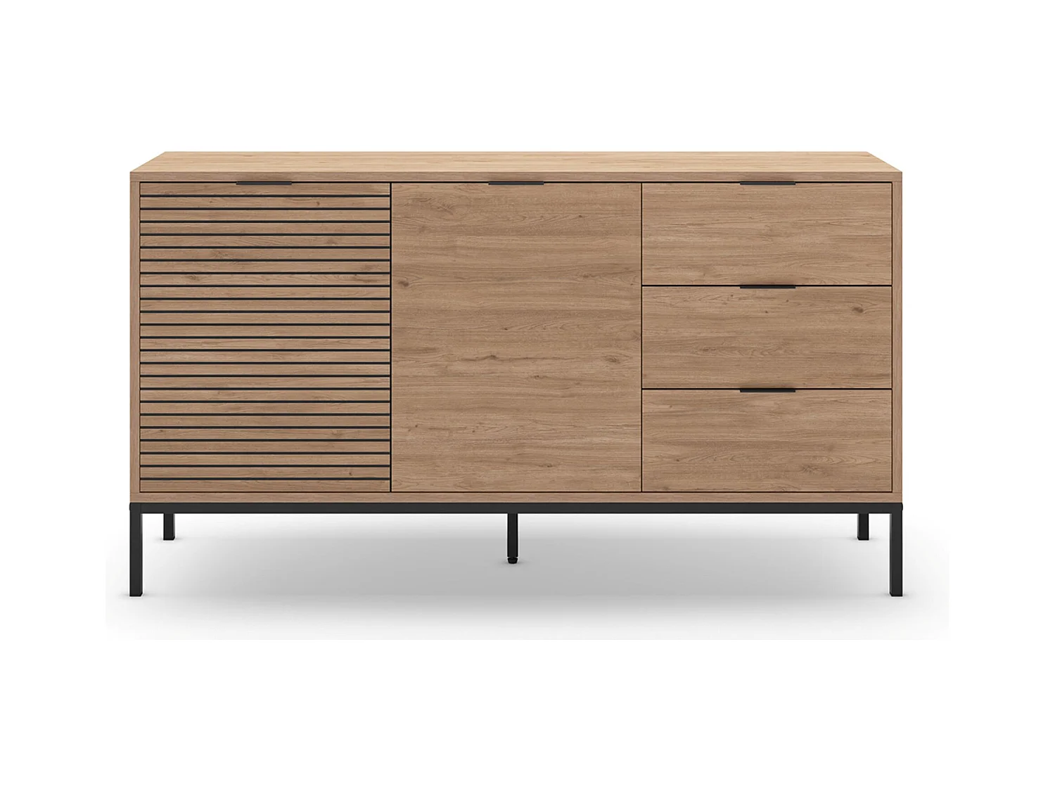 Buffet, commode de rangement avec 2 portes et 3 tiroirs aspect bois coloris naturel, pieds en métal coloris noir - Longueur 140 x Profondeur 40 x Hauteur 80 cm