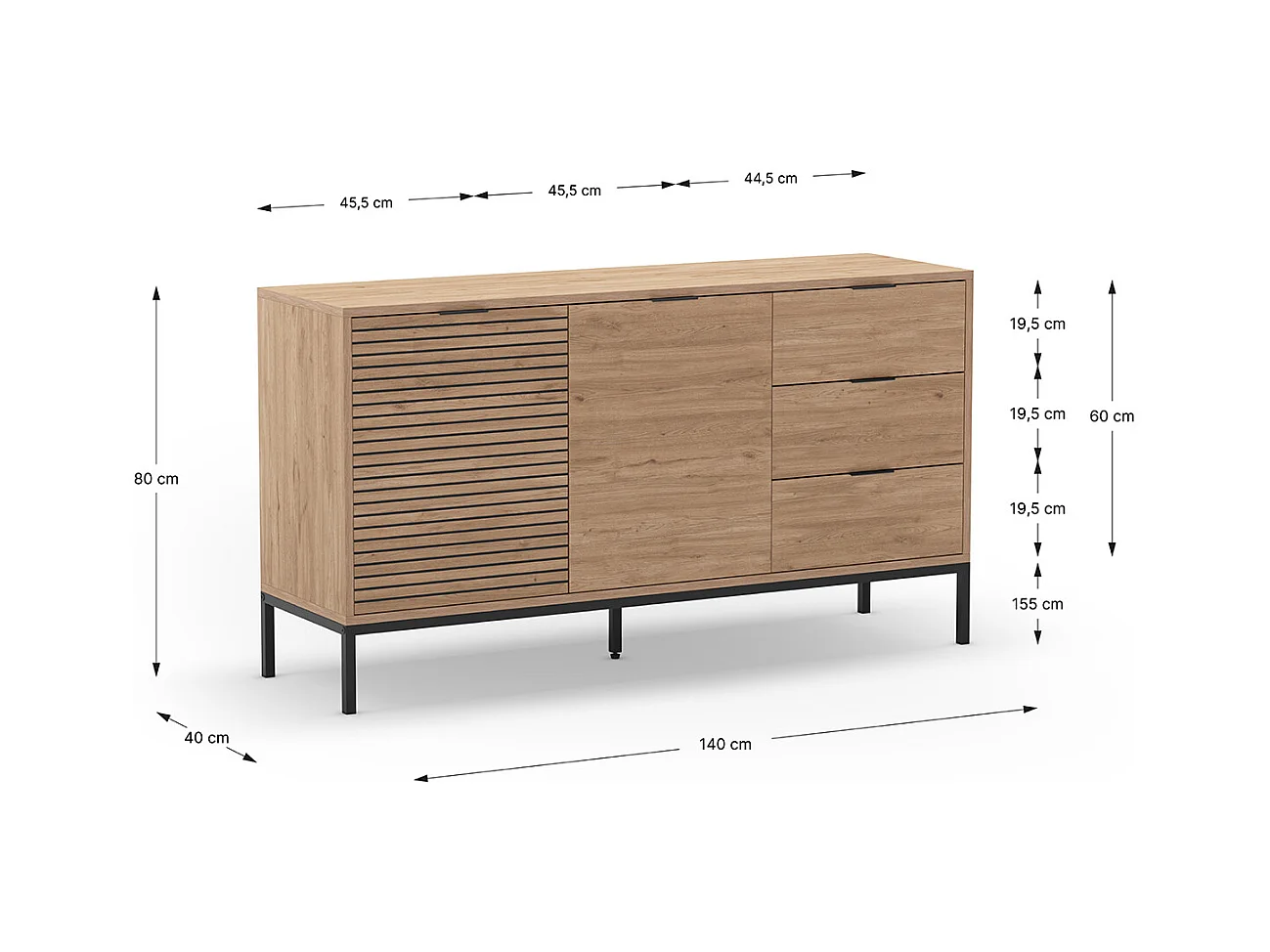 Buffet, commode de rangement avec 2 portes et 3 tiroirs aspect bois coloris naturel, pieds en métal coloris noir - Longueur 140 x Profondeur 40 x Hauteur 80 cm