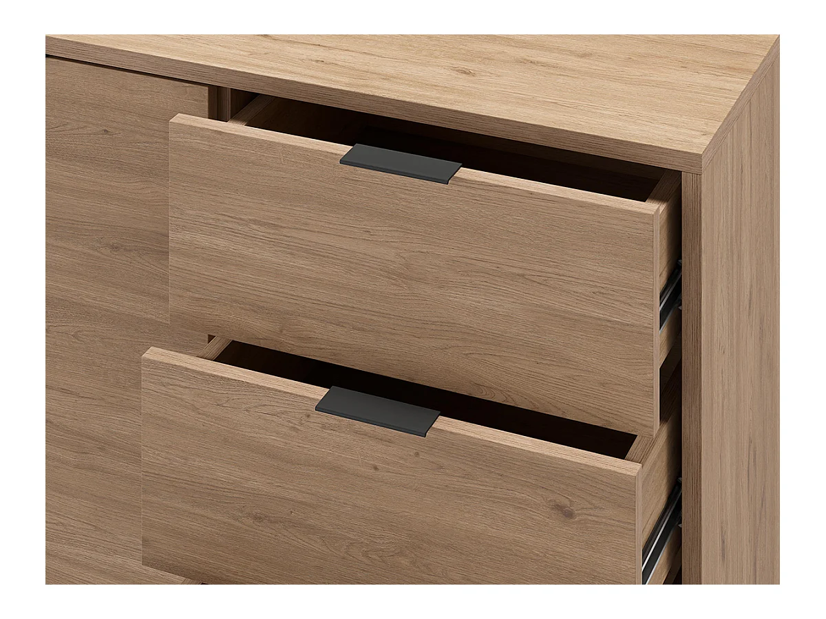 Buffet, commode de rangement avec 2 portes et 3 tiroirs aspect bois coloris naturel, pieds en métal coloris noir - Longueur 140 x Profondeur 40 x Hauteur 80 cm