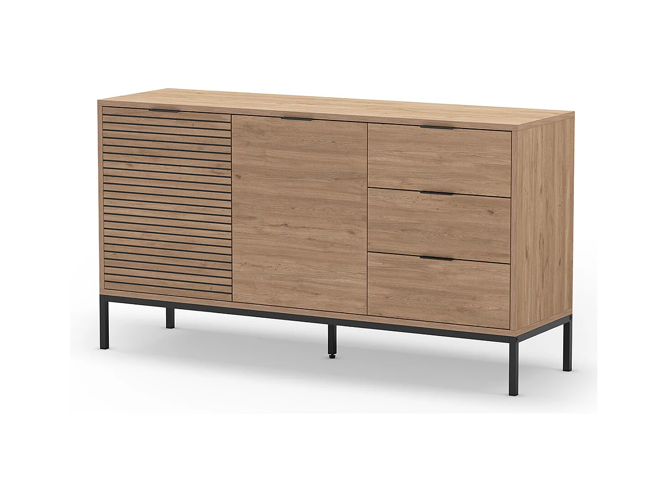 Buffet, commode de rangement avec 2 portes et 3 tiroirs aspect bois coloris naturel, pieds en métal coloris noir - Longueur 140 x Profondeur 40 x Hauteur 80 cm