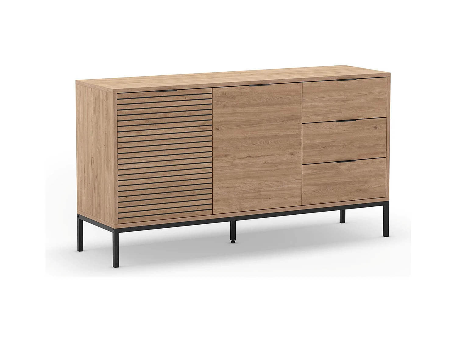 Buffet, commode de rangement avec 2 portes et 3 tiroirs aspect bois coloris naturel, pieds en métal coloris noir - Longueur 140 x Profondeur 40 x Hauteur 80 cm