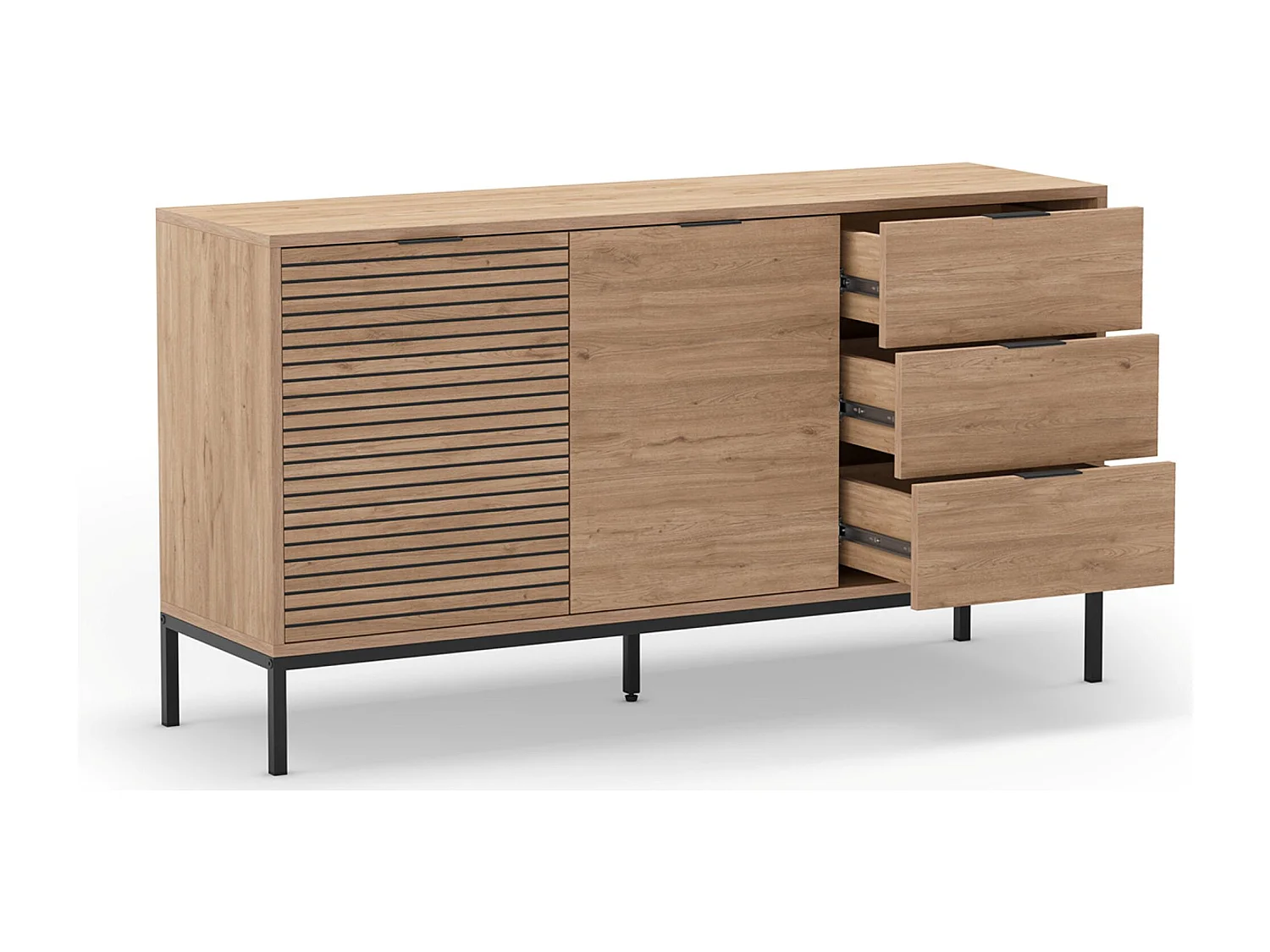 Buffet, commode de rangement avec 2 portes et 3 tiroirs aspect bois coloris naturel, pieds en métal coloris noir - Longueur 140 x Profondeur 40 x Hauteur 80 cm