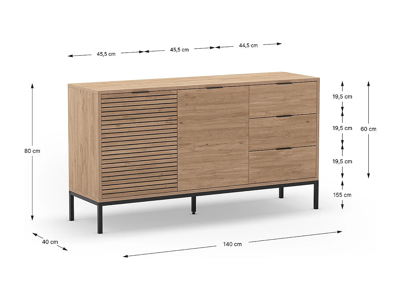 Buffet, commode de rangement avec 2 portes et 3 tiroirs aspect bois coloris naturel, pieds en métal coloris noir - Longueur 140 x Profondeur 40 x Hauteur 80 cm