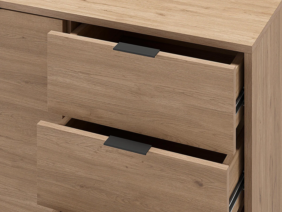 Buffet, commode de rangement avec 2 portes et 3 tiroirs aspect bois coloris naturel, pieds en métal coloris noir - Longueur 140 x Profondeur 40 x Hauteur 80 cm