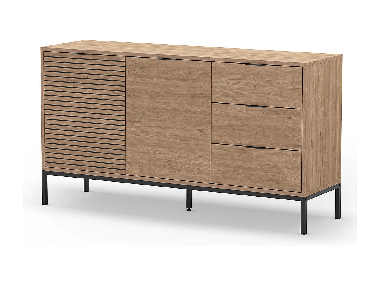 Buffet, commode de rangement avec 2 portes et 3 tiroirs aspect bois coloris naturel, pieds en métal coloris noir - Longueur 140 x Profondeur 40 x Hauteur 80 cm