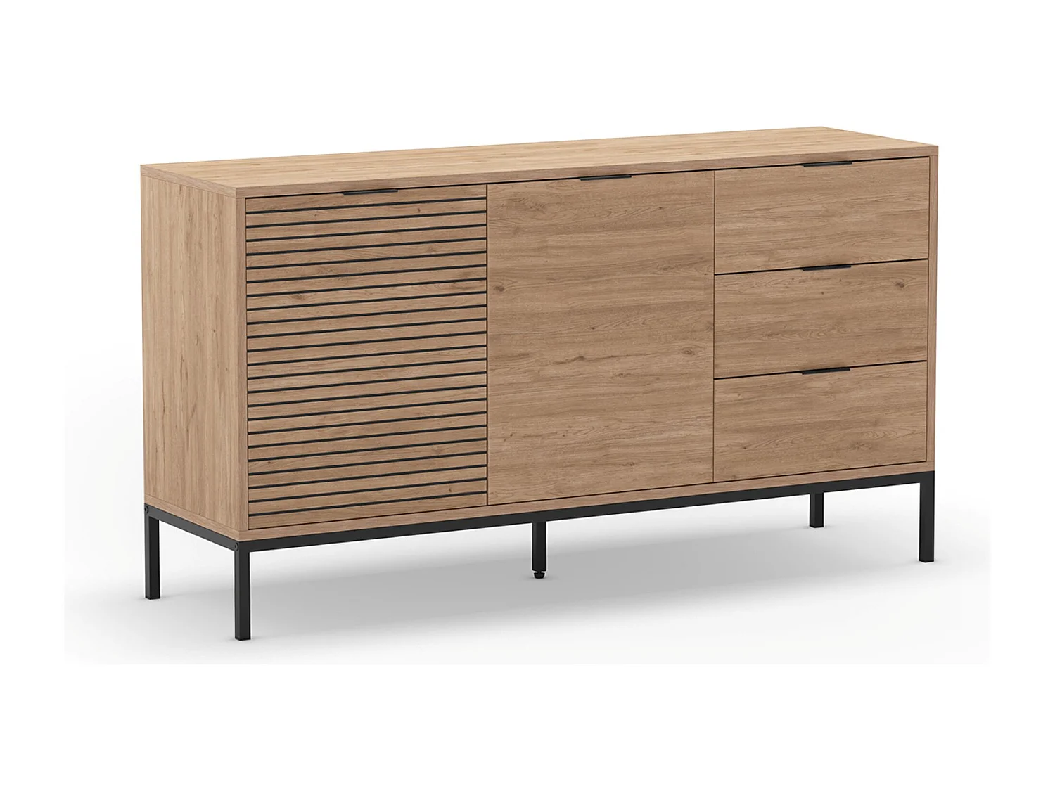 Buffet, commode de rangement avec 2 portes et 3 tiroirs aspect bois coloris naturel, pieds en métal coloris noir - Longueur 140 x Profondeur 40 x Hauteur 80 cm