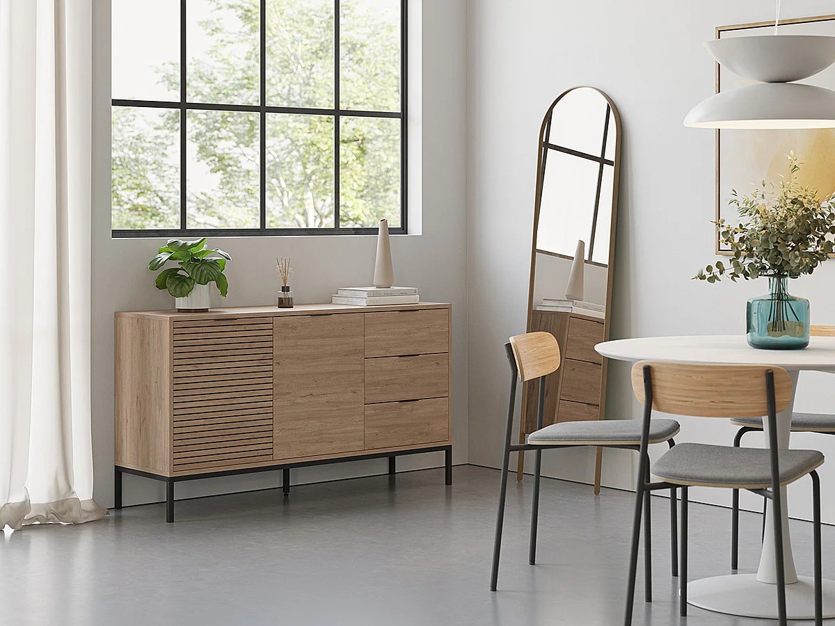 Buffet, commode de rangement avec 2 portes et 3 tiroirs aspect bois coloris naturel, pieds en métal coloris noir - Longueur 140 x Profondeur 40 x Hauteur 80 cm