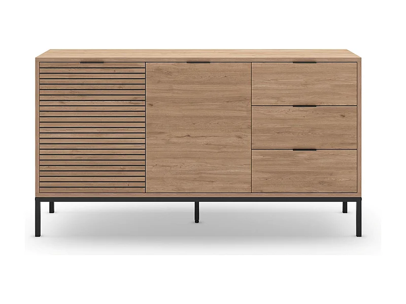 Buffet, commode de rangement avec 2 portes et 3 tiroirs aspect bois coloris naturel, pieds en métal coloris noir - Longueur 140 x Profondeur 40 x Hauteur 80 cm