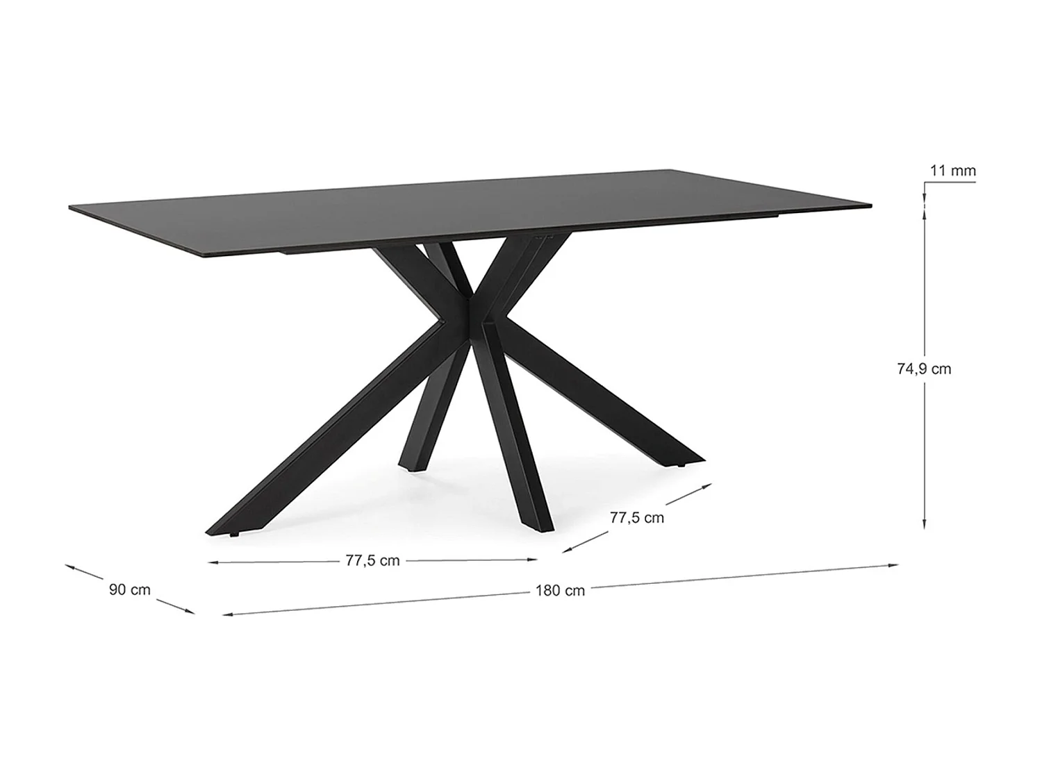 Table à manger, table de repas rectangulaire en céramique coloris noir,  pieds en métal noir - Longueur 180 x Profondeur 90 x Hauteur 76 cm