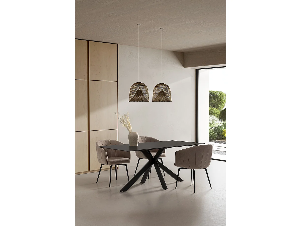 Table à manger, table de repas rectangulaire en céramique coloris noir,  pieds en métal noir - Longueur 180 x Profondeur 90 x Hauteur 76 cm