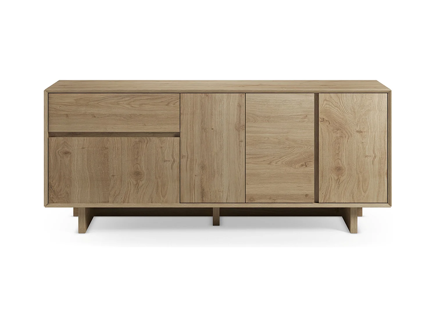 Buffet, commode rectangulaire avec 4 portes et 1 tiroir aspect bois coloris chêne - Longueur 180 x Profondeur 45 x Hauteur 76,5 cm